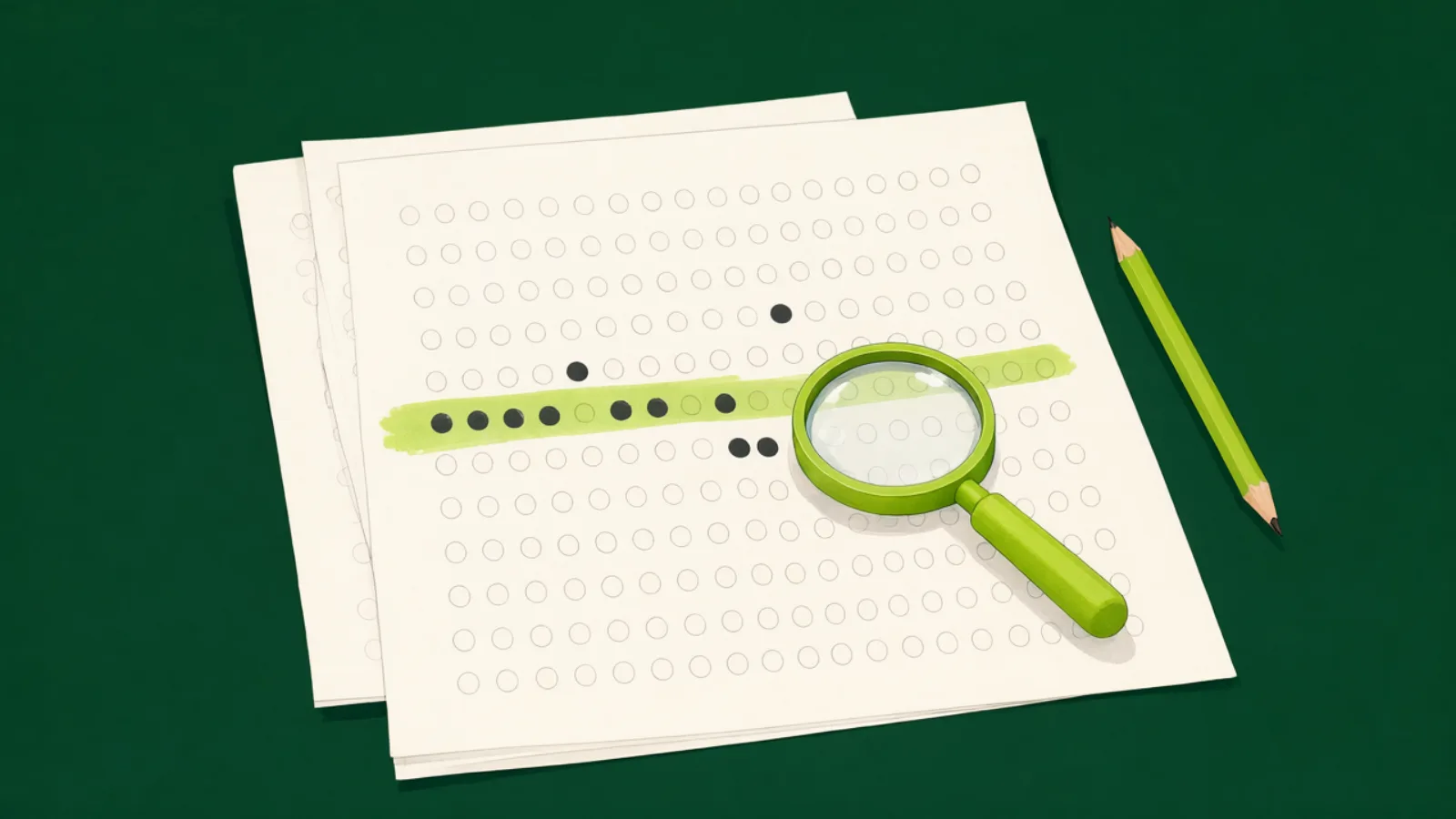 Ilustração de folhas de respostas sobre uma mesa verde-escura, com uma linha marcada em verde-limão sob uma lupa e um lápis ao lado.