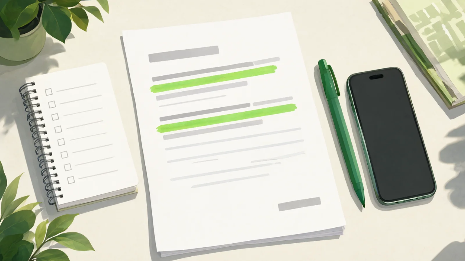Cena ilustrativa de um edital impresso com linhas marcadas em verde, um caderno com lista de checagem, uma caneta e um celular sobre a mesa.